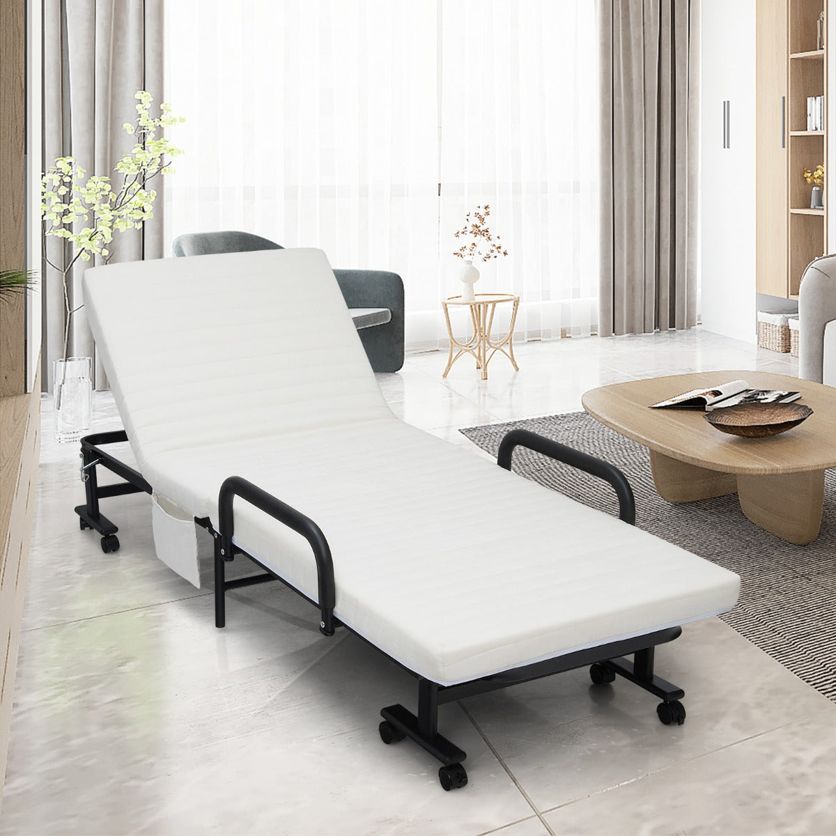 NNECW Folding Single Guest Bed with Mattress & Metal Frame-White