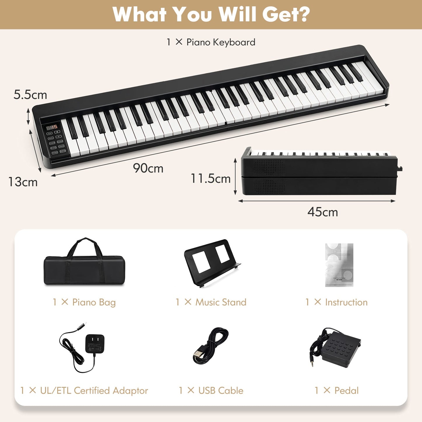NNECW 61-Key Folding Piano Keyboard with Full Size Keys & Music Stand