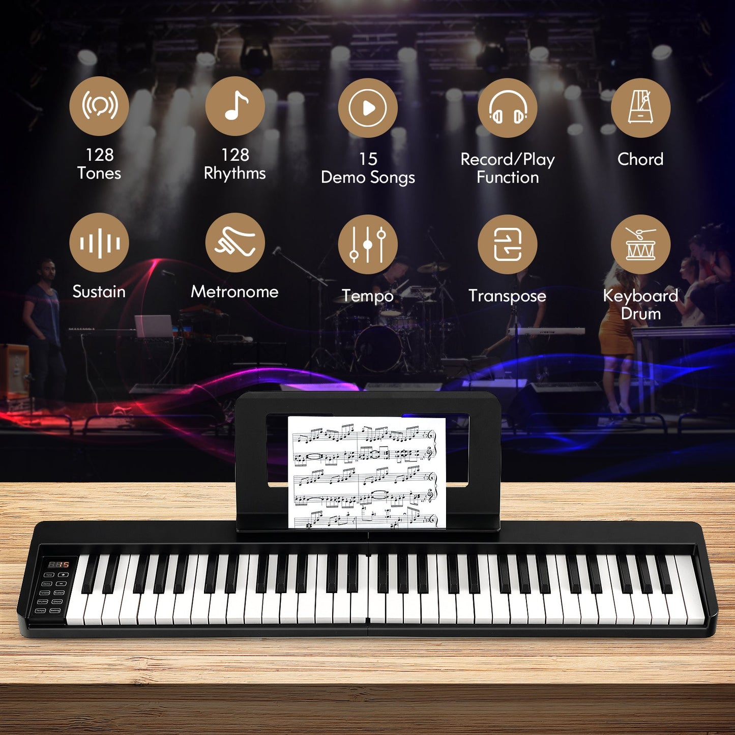 NNECW 61-Key Folding Piano Keyboard with Full Size Keys & Music Stand