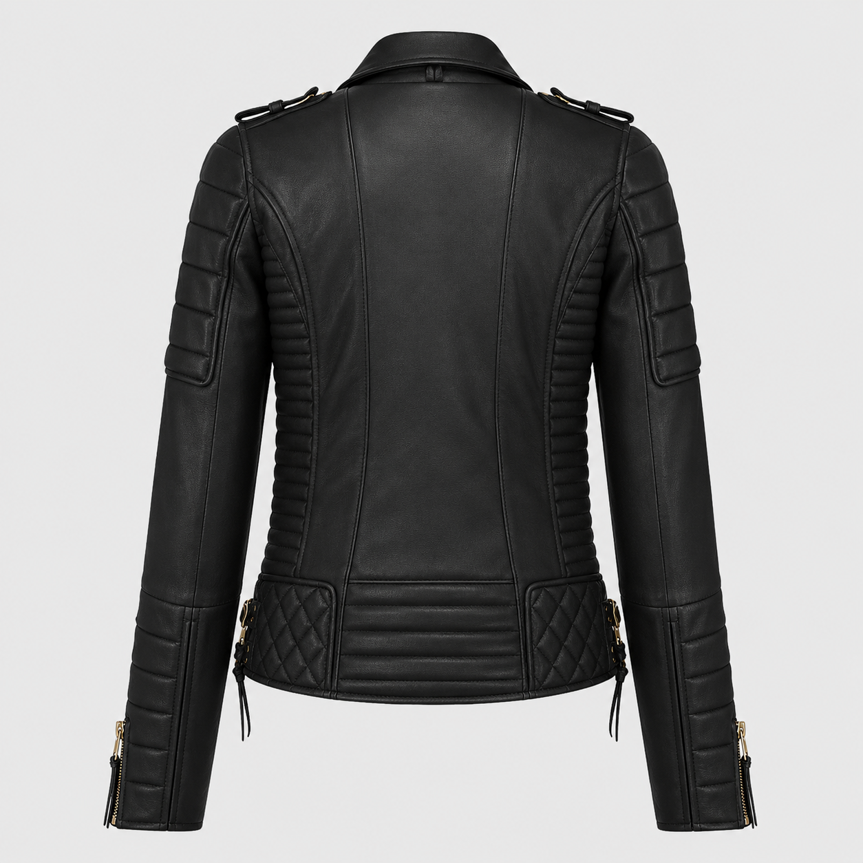 Women’s Classic Motorcycle Fashion Leather Jacket with Golden Zipper
