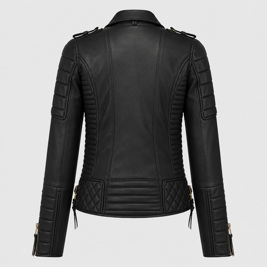 Women’s Classic Motorcycle Fashion Leather Jacket with Golden Zipper