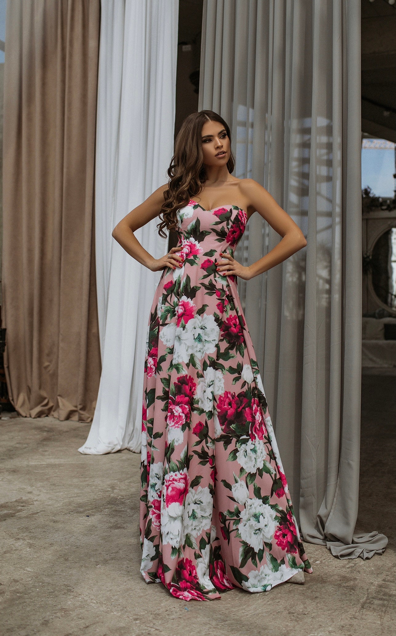 Peony floral off shoulder corset maxi dress with lace-up back, full length front view Off Shoulder Floral Corset Maxi Dress