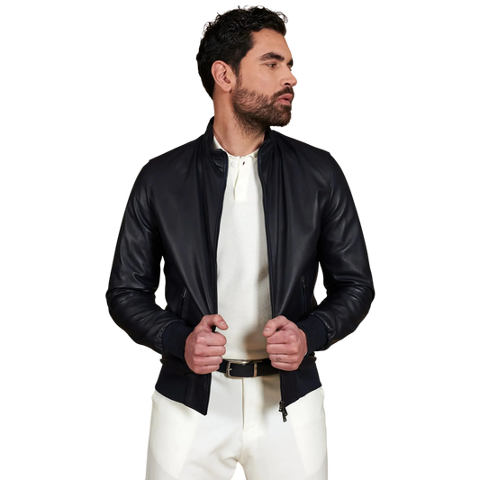 Premium Men's Blue Leather Bomber Jacket — Genuine Sheepskin | ImportedPH