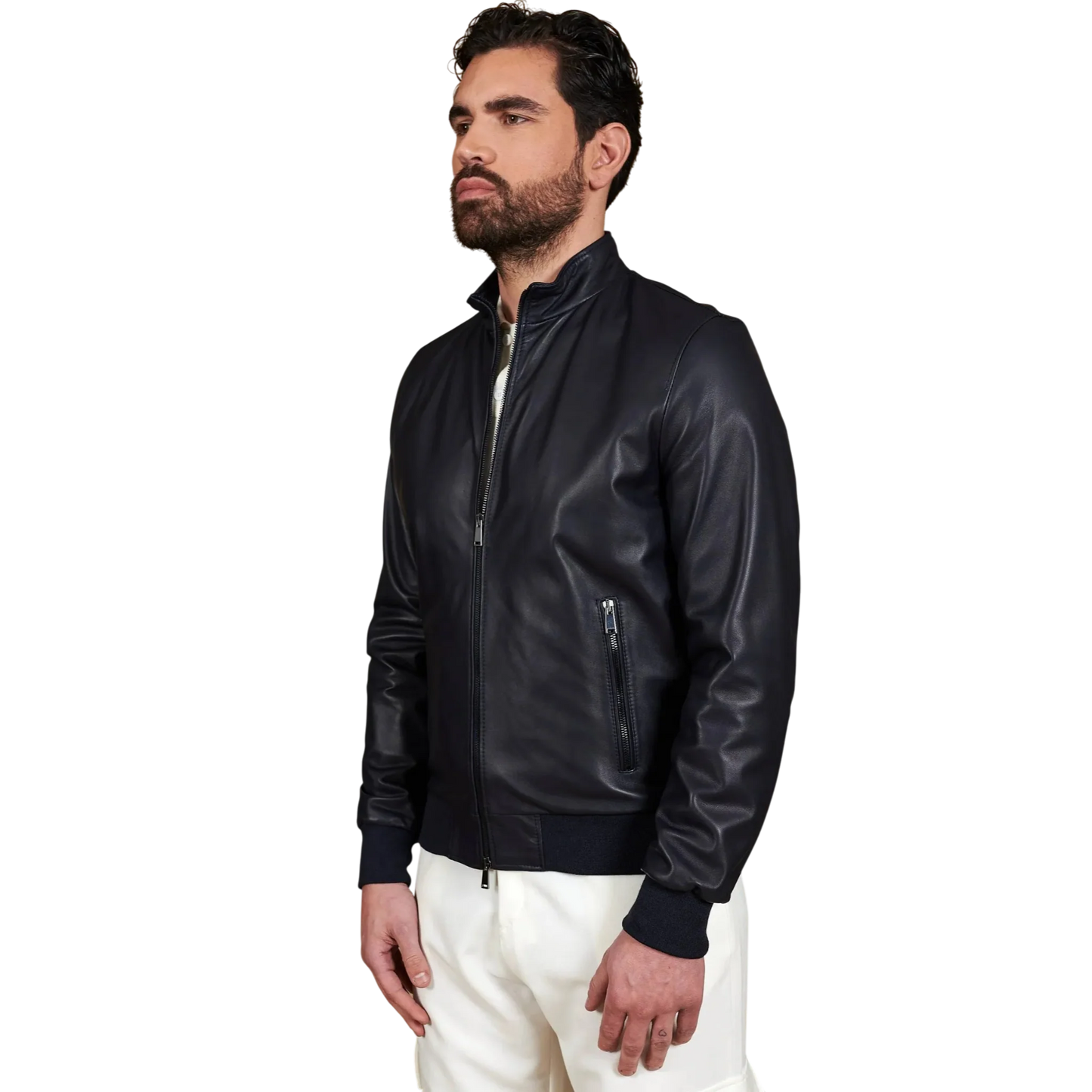 Men’s Blue Leather Bomber Jacket