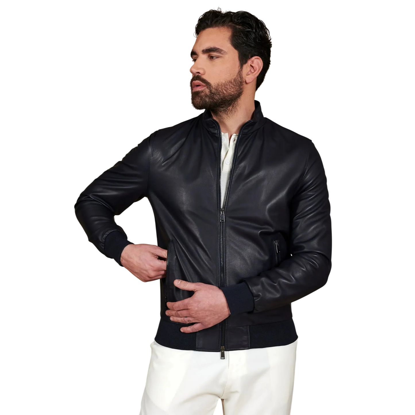Men’s Blue Leather Bomber Jacket