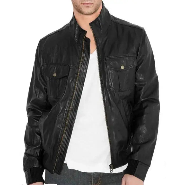 Men’s Black Leather Bomber Jacket