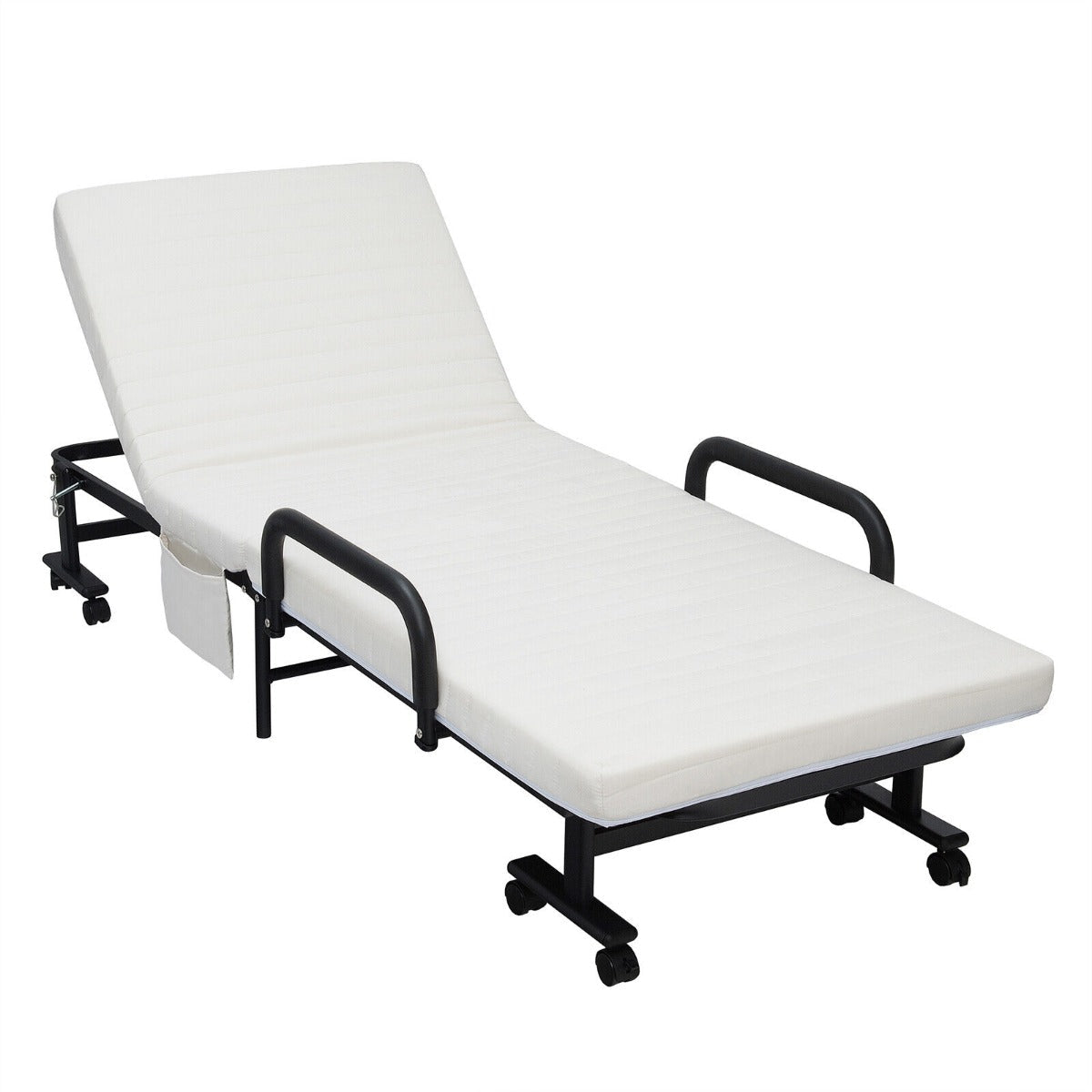 NNECW Folding Single Guest Bed with Mattress &amp; Metal Frame-White