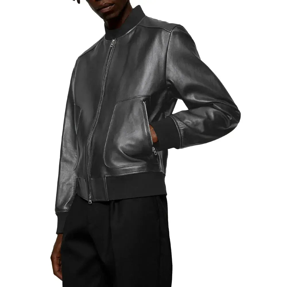 Men's Black Leather Bomber Jacket