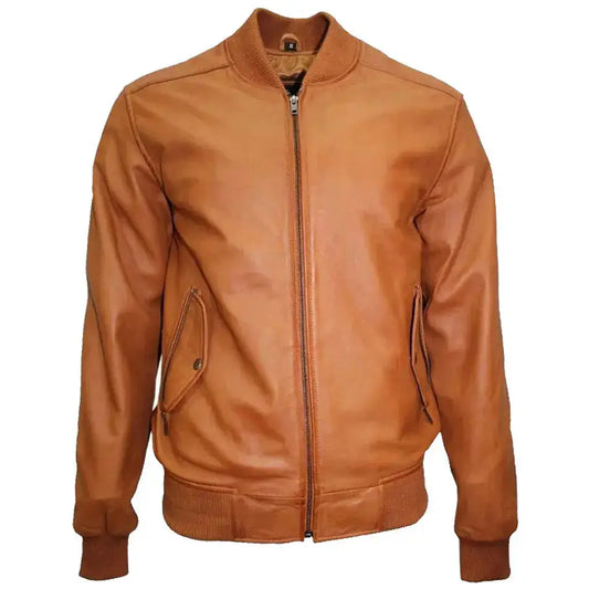 Premium Men's Tan Brown Lambskin Leather Bomber Jacket — Detachable Fur Collar | ImportedPH