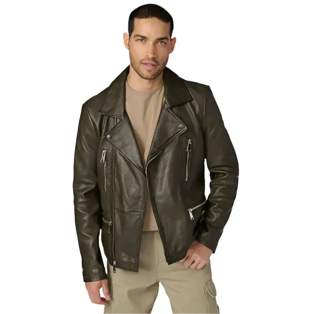 Men’s Olive Leather Moto Jacket