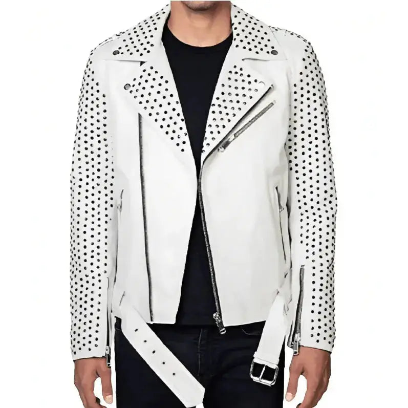 Men’s White Studded Leather Jacket